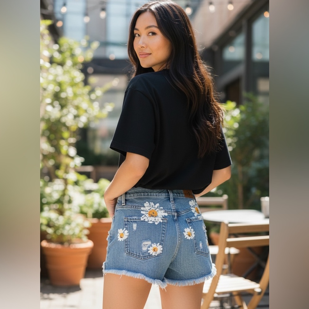 7 for All Mankind Distressed Painted Light Denim Cut Off Shorts w/ Sunflowers 23
